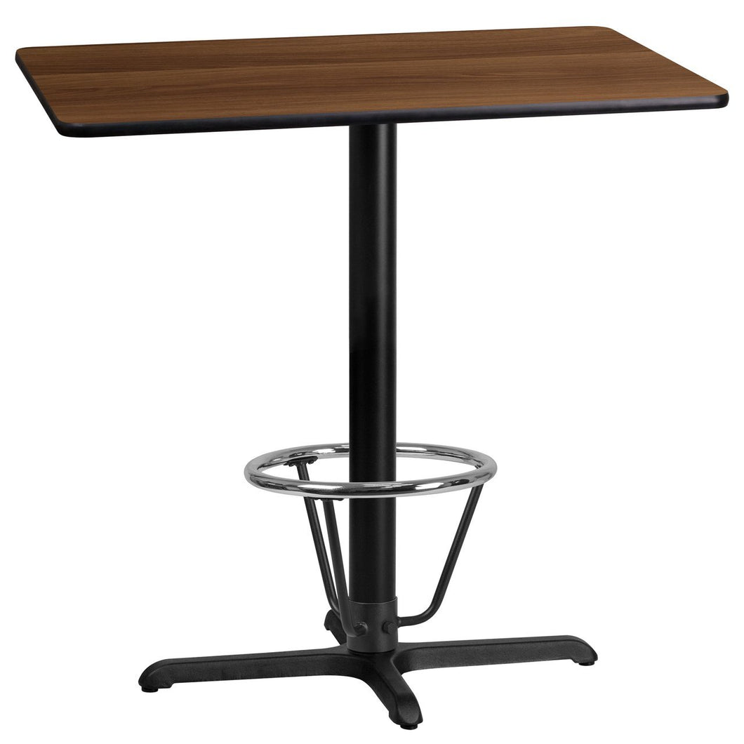 24'' x 42'' Rectangular Walnut Laminate Table Top with 22'' x 30'' Bar Height Table Base and Foot Ring