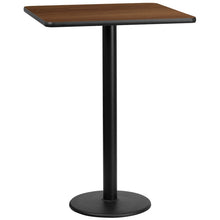 Load image into Gallery viewer, 30&#39;&#39; Square Walnut Laminate Table Top with 18&#39;&#39; Round Bar Height Table Base