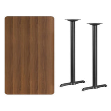 Load image into Gallery viewer, 30&#39;&#39; x 48&#39;&#39; Rectangular Walnut Laminate Table Top with 5&#39;&#39; x 22&#39;&#39; Bar Height Table Bases