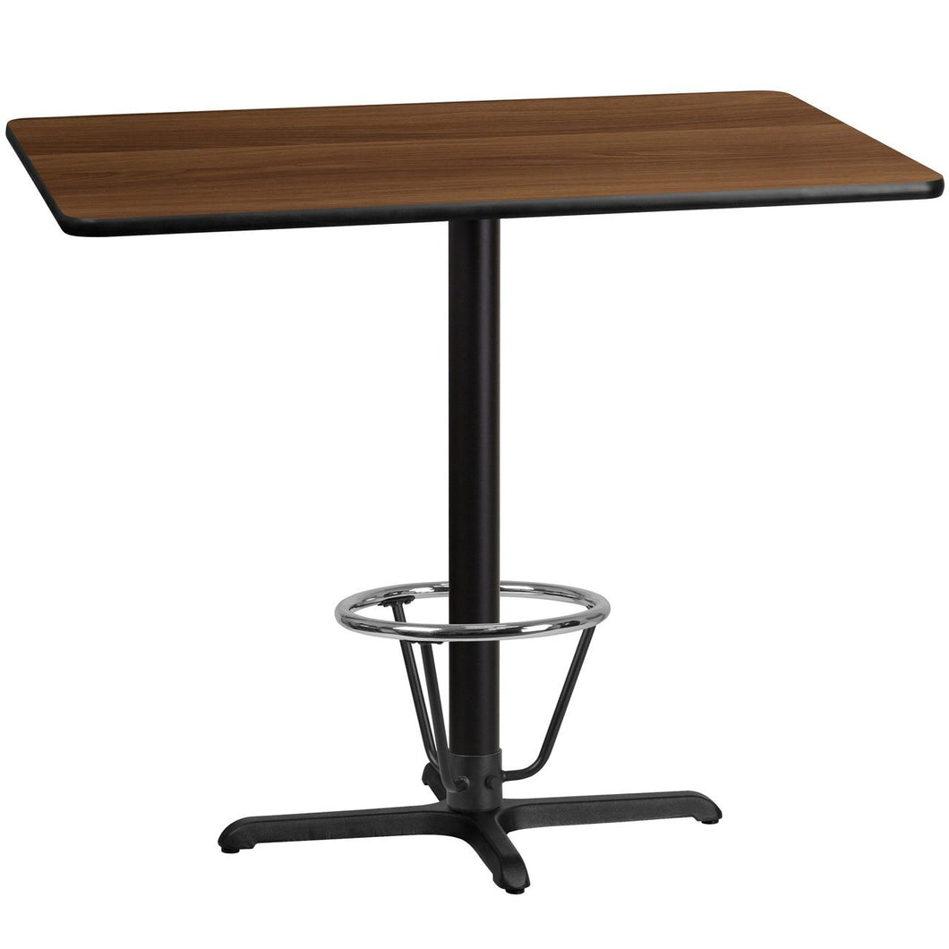 30'' x 48'' Rectangular Walnut Laminate Table Top with 22'' x 30'' Bar Height Table Base and Foot Ring