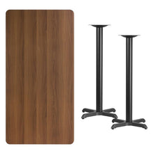 Load image into Gallery viewer, 30&#39;&#39; x 60&#39;&#39; Rectangular Walnut Laminate Table Top with 22&#39;&#39; x 22&#39;&#39; Bar Height Table Bases
