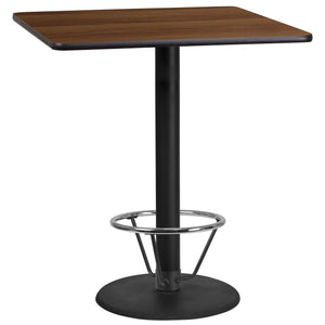 36'' Square Walnut Laminate Table Top with 24'' Round Bar Height Table Base and Foot Ring