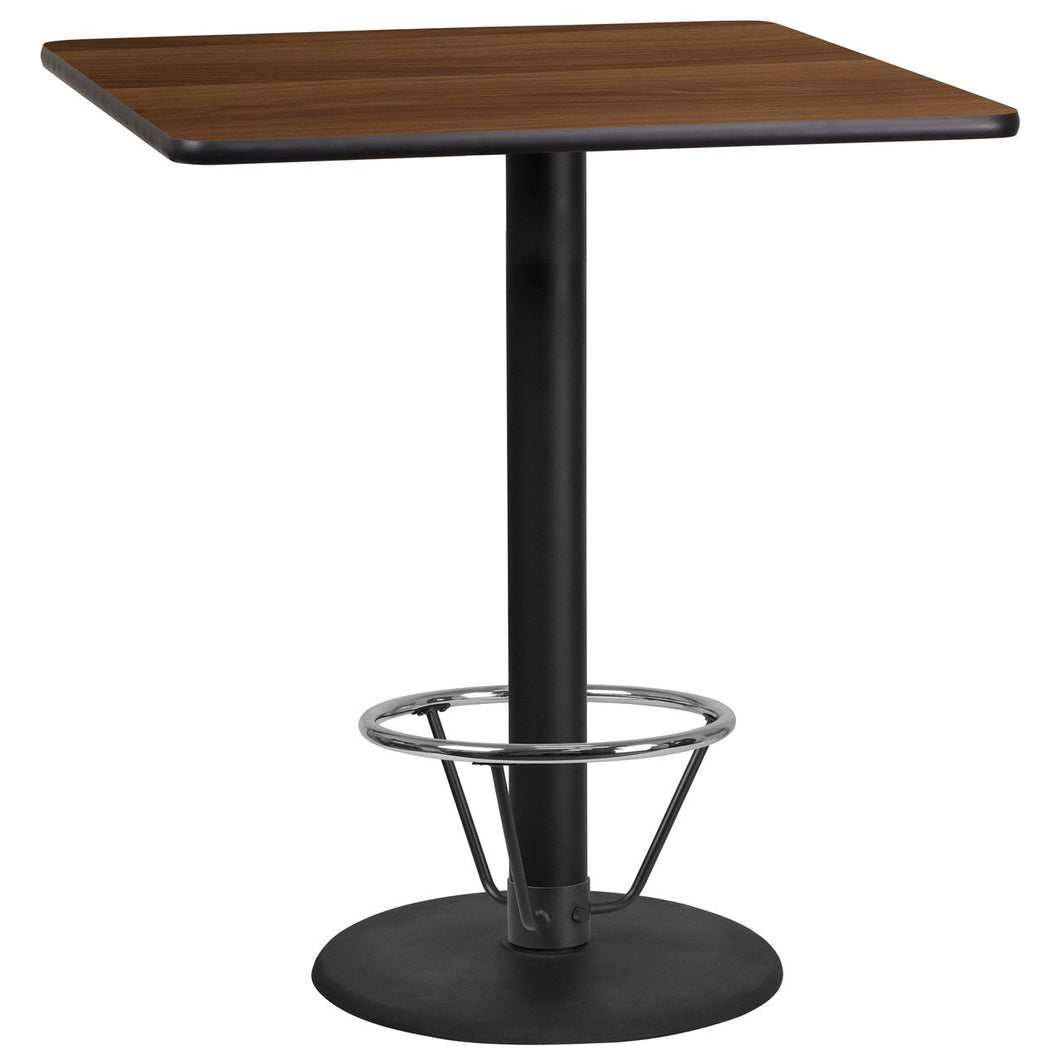 36'' Square Walnut Laminate Table Top with 24'' Round Bar Height Table Base and Foot Ring