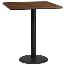 Load image into Gallery viewer, 36&#39;&#39; Square Walnut Laminate Table Top with 24&#39;&#39; Round Bar Height Table Base