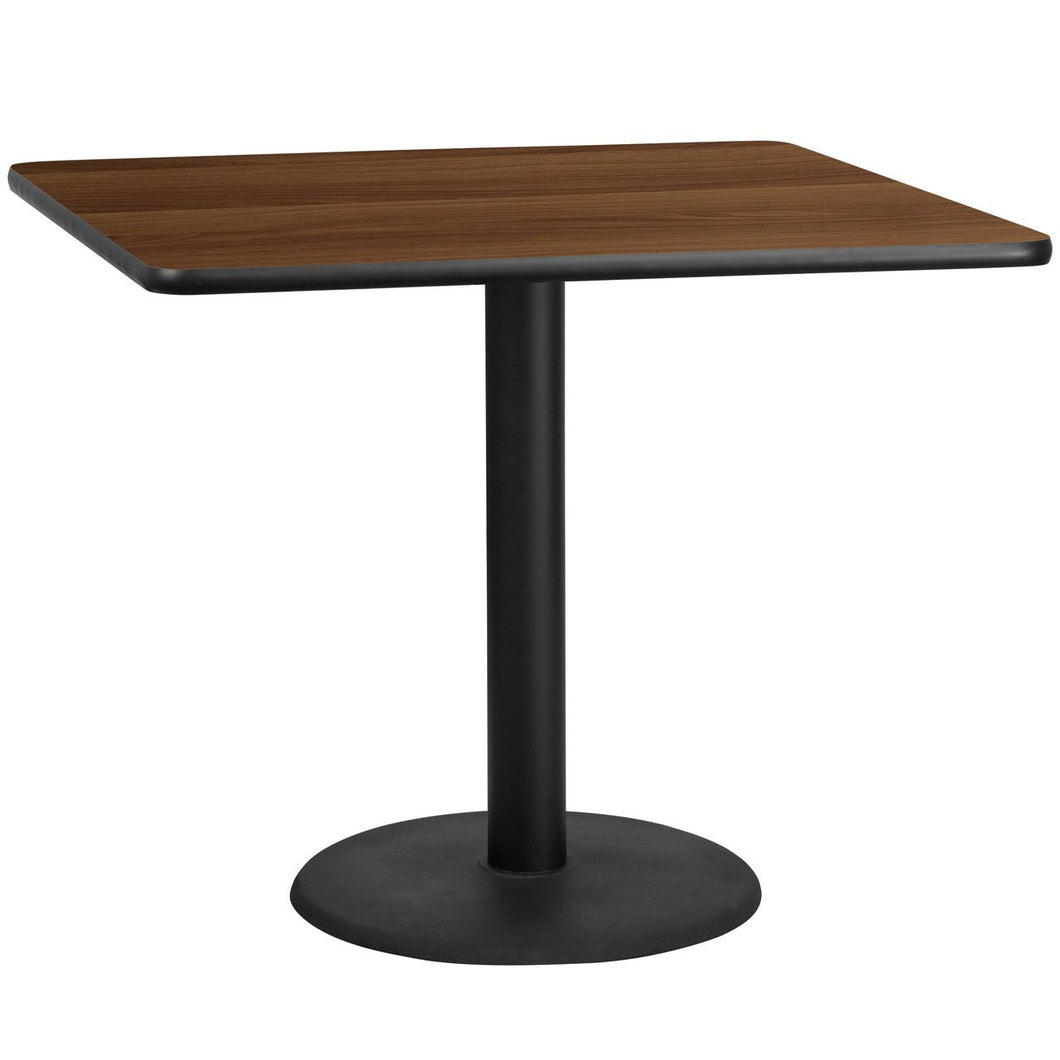 42'' Square Walnut Laminate Table Top with 24'' Round Table Height Base