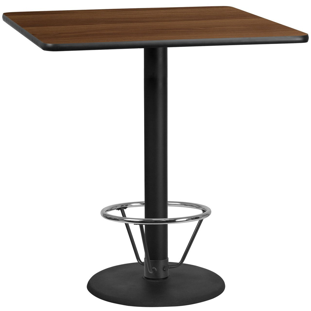 42'' Square Walnut Laminate Table Top with 24'' Round Bar Height Table Base and Foot Ring