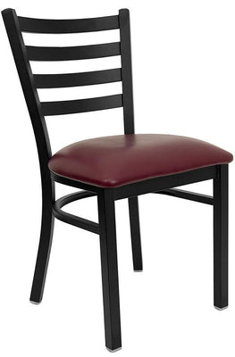 Heavy Duty Black Ladder Back Metal Restaurant Chair - Burgundy Vinyl Seat